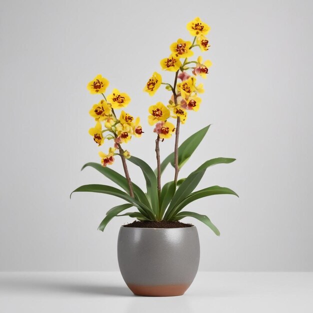 Foto una olla con flores amarillas y rojas en ella