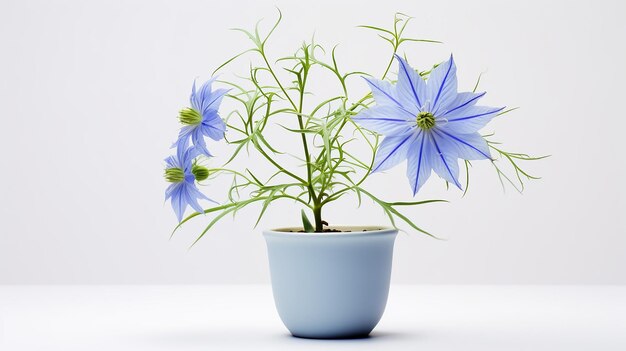 Foto una olla de flores azul con la planta en ella