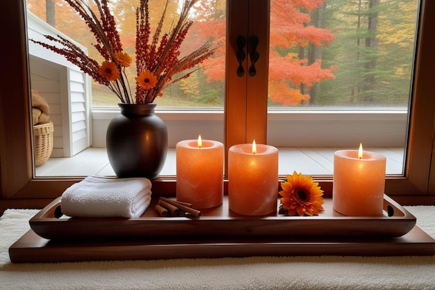 Una olla de flores y una bandeja de madera con velas y piedras de sal al lado de una ventana en otoño