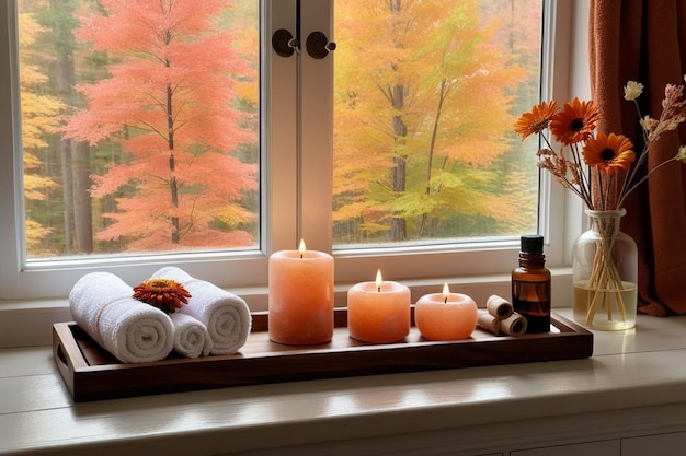 Una olla de flores y una bandeja de madera con velas y piedras de sal al lado de una ventana en otoño
