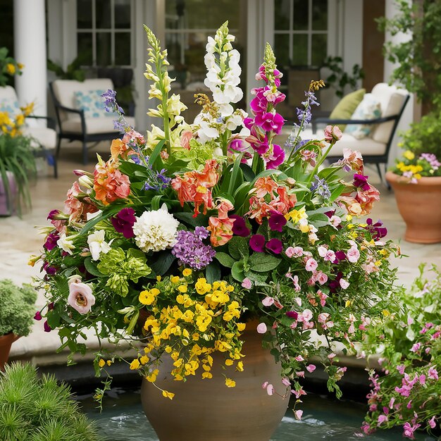 una olla de flores con una olla grande de flores en la mesa