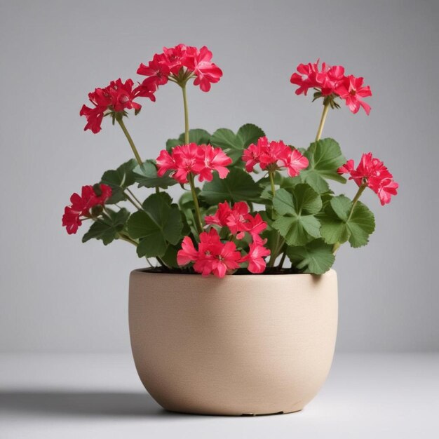 una olla con flores rojas en ella que está en una mesa