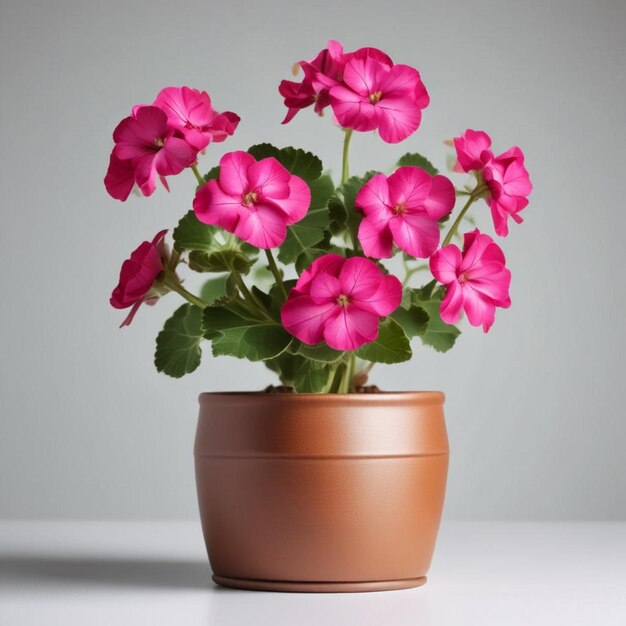 una olla con flores rosas en ella que está en una mesa