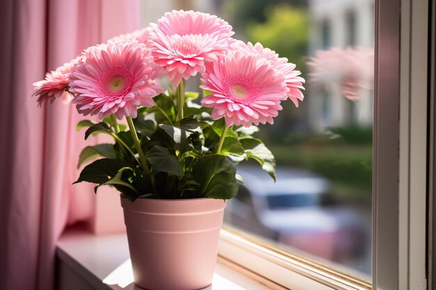 una olla de flores rosas se sienta en un alféizar de la ventana con una flor rosada en el medio