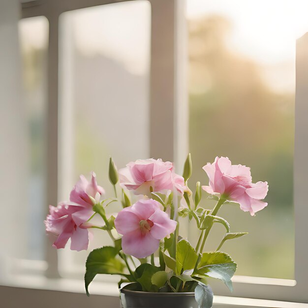 una olla de flores rosas se sienta en el alféizar de una ventana