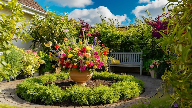 una olla de flores se sienta en un jardín con un banco en el fondo