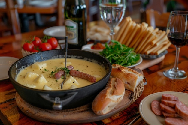 Foto olla de fondue de queso con palitos de pan y salchichas de cóctel para sumergir