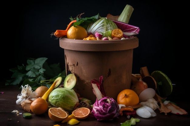 Una olla de frutas y verduras en una mesa