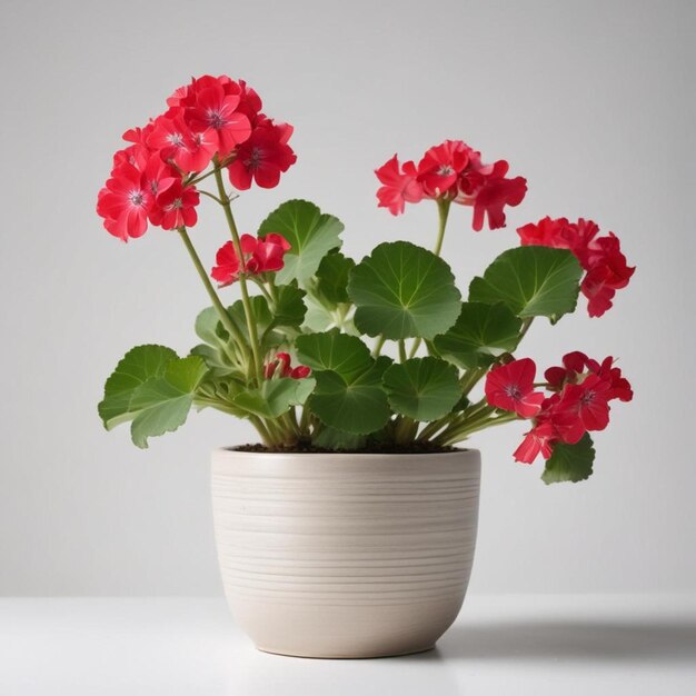 una olla de geranios rojos se sienta en una mesa