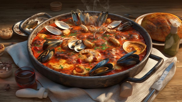 Una olla grande de mariscos con una cuchara.