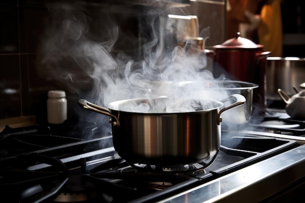 Una olla hirviendo en la estufa con vapor subiendo