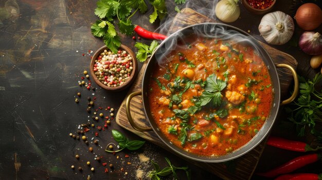 Una olla humeante de curry aromático rodeada de ingredientes y hierbas de colores