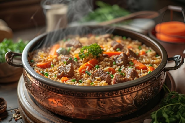 Una olla humeante de plov, un plato tradicional de arroz kazajo con suculentas zanahorias de carne y especias