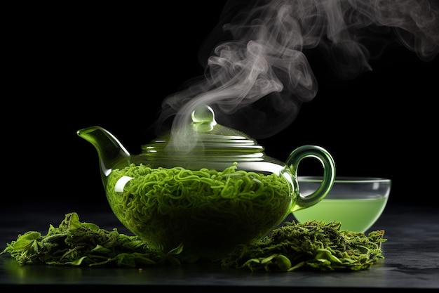 Una olla humeante de té verde con tazas de té