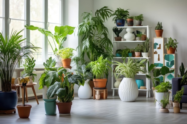 Una olla inteligente que nutre una planta próspera en un hogar moderno