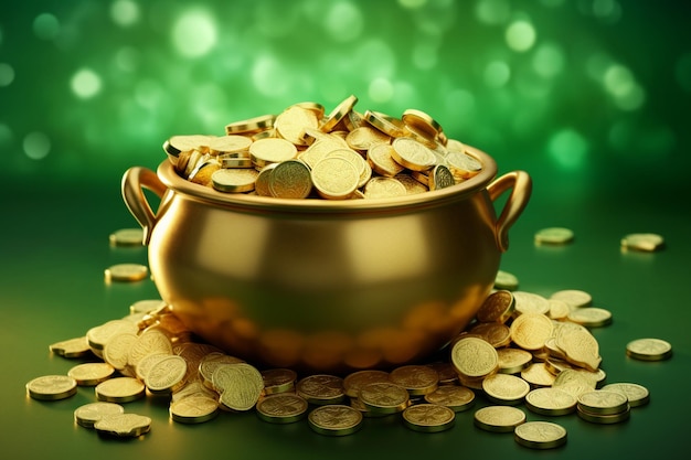 olla con leprechauns monedas de oro en un fondo verde brillante