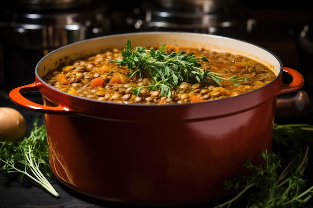 Una olla llena de abundante sopa de lentejas tomada desde un lado