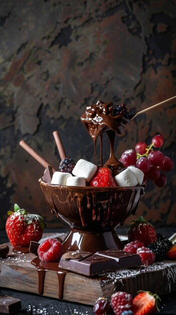 Una olla llena de fondue de chocolate derretido se sienta en el centro de una mesa alrededor de la olla hay pinzas con fresas, malvaviscos y rebanadas de plátano para sumergir