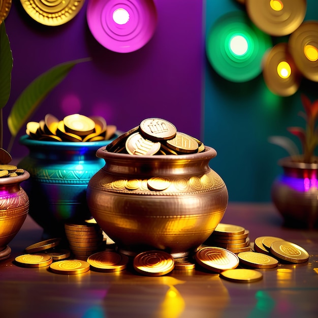 una olla llena de monedas de oro feliz Dhanteras