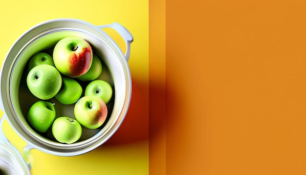 Una olla de manzanas se sienta en una mesa amarilla con un fondo amarillo.