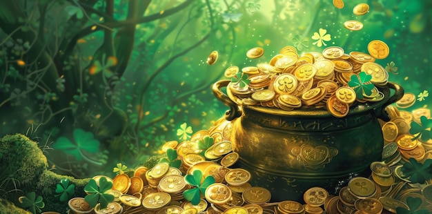 Una olla de monedas de oro en el bosque verde