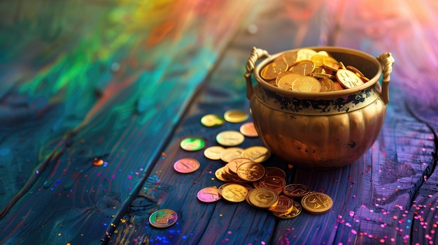 Una olla de monedas de oro en una vibrante superficie pintada multicolor con una atmósfera mágica