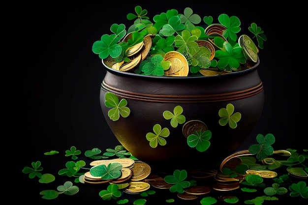 Olla negra llena de monedas de oro y hojas de trébol para el día de san patricio