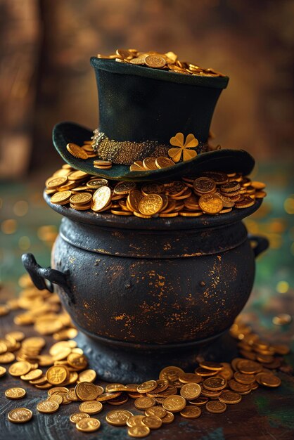 Una olla negra con monedas de oro, tréboles, un sombrero de duende, una tarjeta de vacaciones del día de San Patricio.