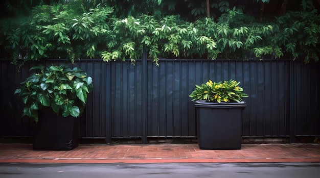 Una olla negra con una planta verde frente a una valla de metal negro