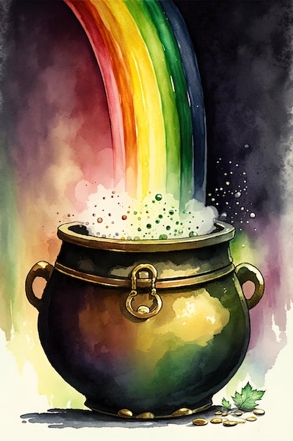 Una olla de oro al final de un arco iris, ilustración Acuarela del concepto de fondo del día de San Patricio