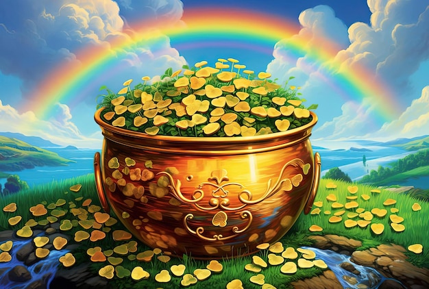 una olla de oro con un arco iris y tréboles verdes al estilo azul cielo y negro