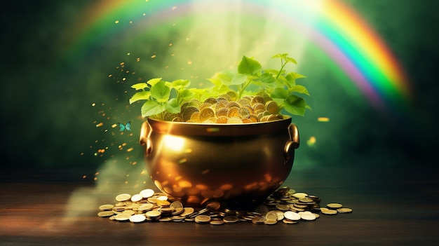 Foto olla de oro de duende y telón de fondo del arco iris de la suerte ilustración del día de san patricio generativo ai