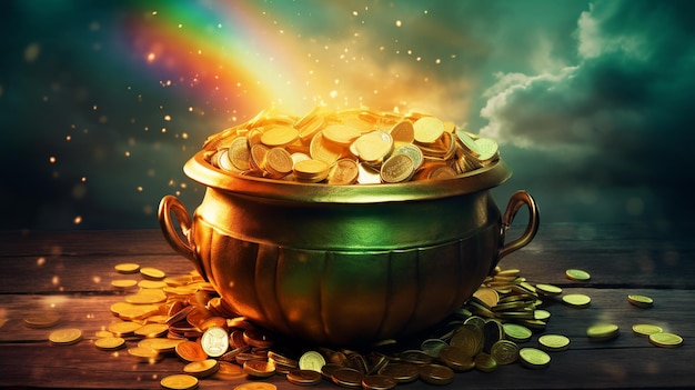 Olla de oro de duende y telón de fondo del arco iris de la suerte Ilustración del día de San Patricio Generativo ai