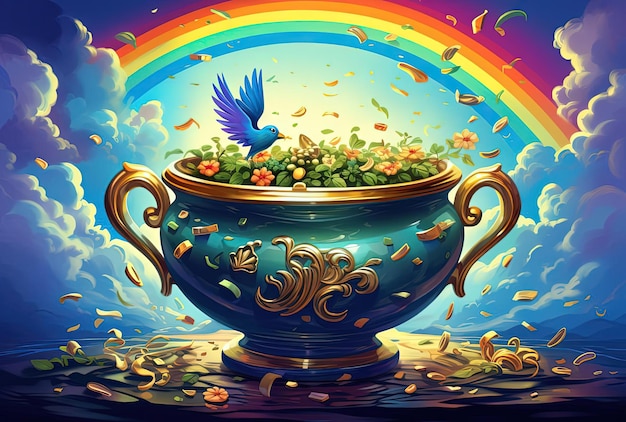 una olla de oro rodeada por un arco iris al estilo de la esmeralda oscura y el azul cielo