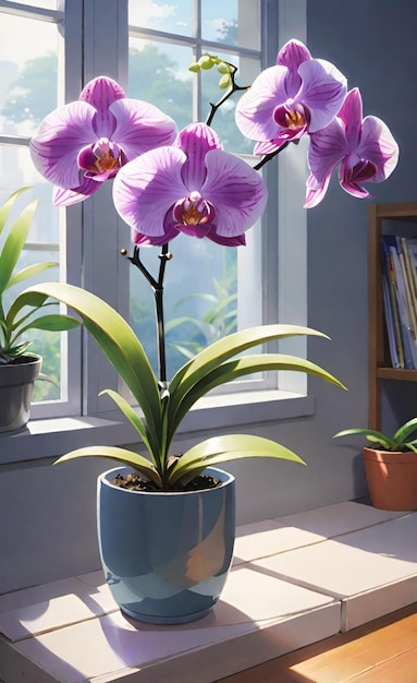 una olla de orquídeas se muestra con una ventana detrás de ellos