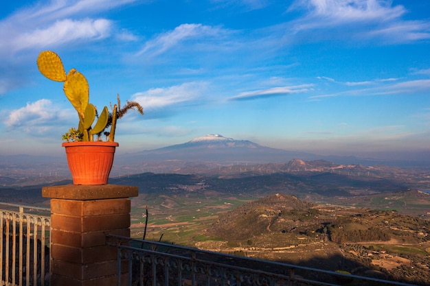 Una olla de peras espinosas y el volcán Etna Aidone