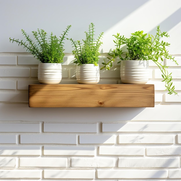 Una olla de plantas decorativas de madera en una pared de ladrillo blanco