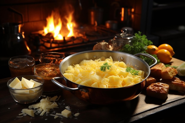 Una olla de queso se sienta en una estufa al lado de una olla de queso