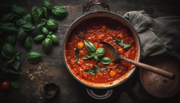 Una olla de salsa de tomate con una cuchara y una cuchara con hojas frescas de albahaca a un lado