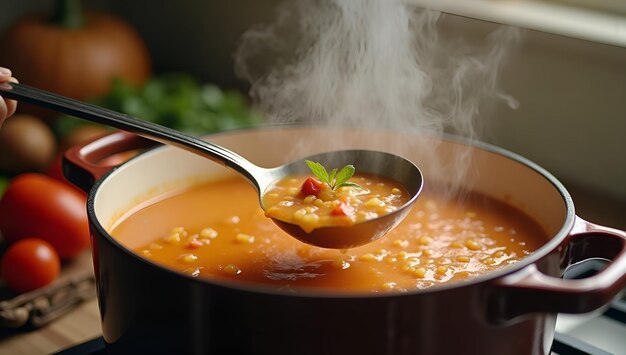 una olla de sopa con una cuchara y una cuchara con una cucharada en ella