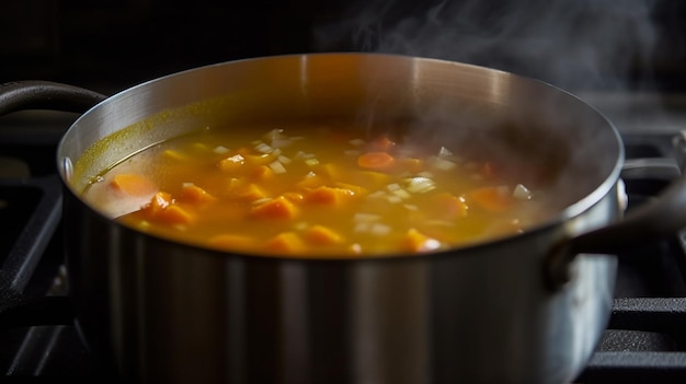 Una olla de sopa con zanahorias y cebollas está sobre una estufa.