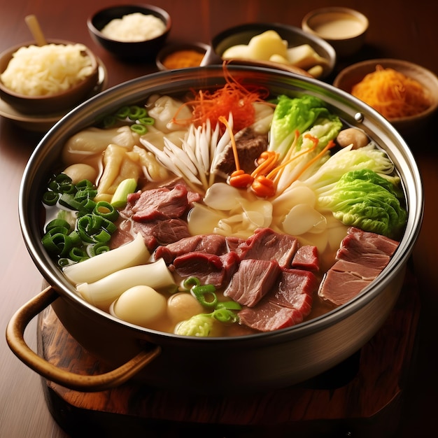 olla tradicional de Sukiyaki con carne de res de Kobe y verduras olla tradicional japonesa caliente