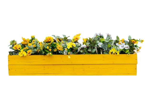 Olla de verano de madera decorativa al aire libre larga con flores amarillas aisladas