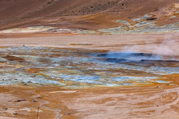 Ollas de barro caliente en la zona geotérmica de Hverir, Islandia. Tiro horizontal