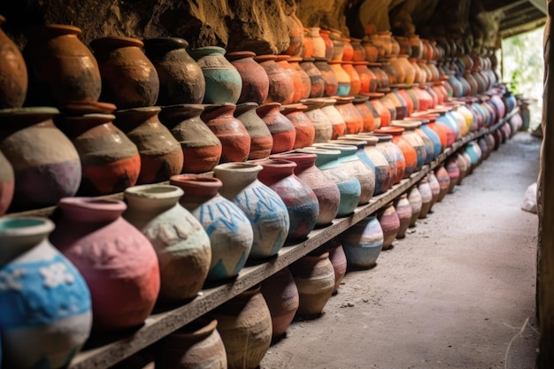 Ollas de cerámica alineadas dentro de un horno tradicional