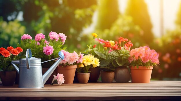 ollas de flores coloridas con regador y guantes