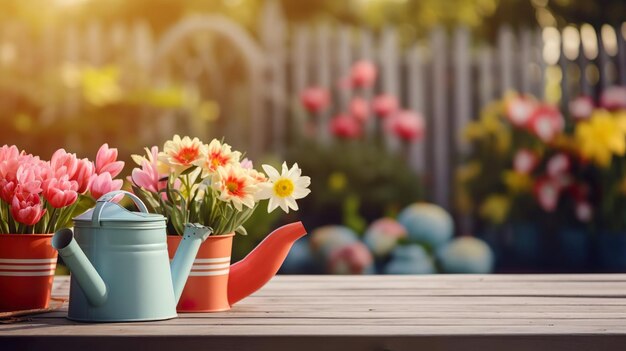 ollas de flores coloridas con regador y guantes