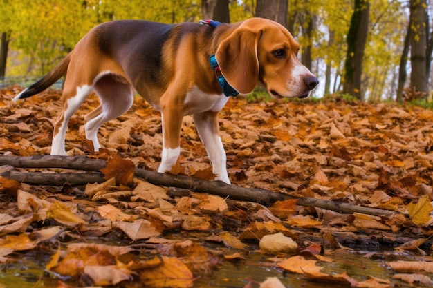 El olor de Beagle en las hojas de otoño caídas creado con AI generativa