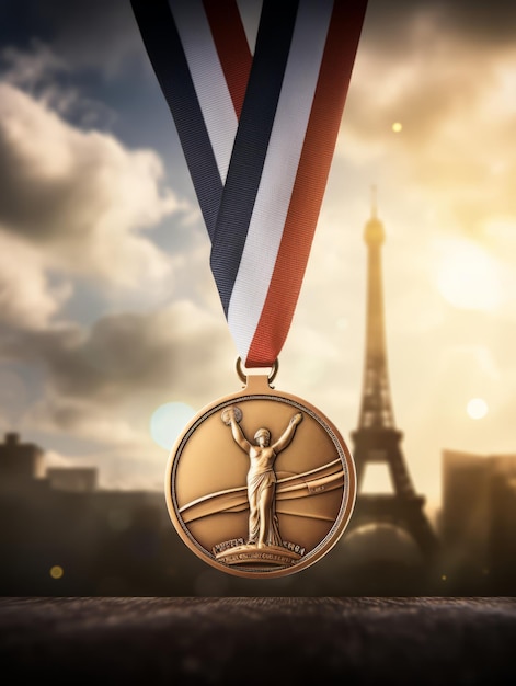 Olympische Medaille mit dem Eiffelturm als Hintergrund
