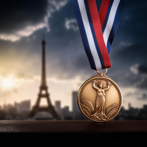 Olympische Medaille mit dem Eiffelturm als Hintergrund